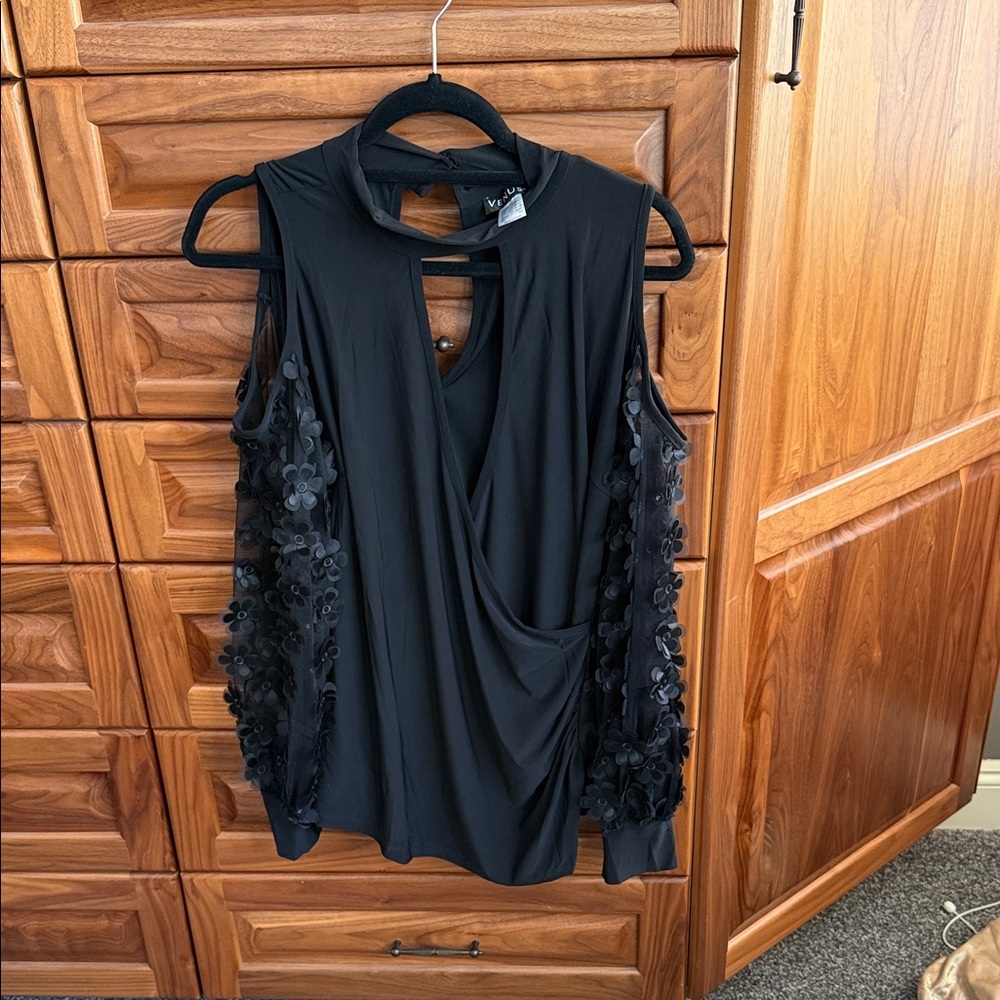 VENUS Black Top with Floral Accents